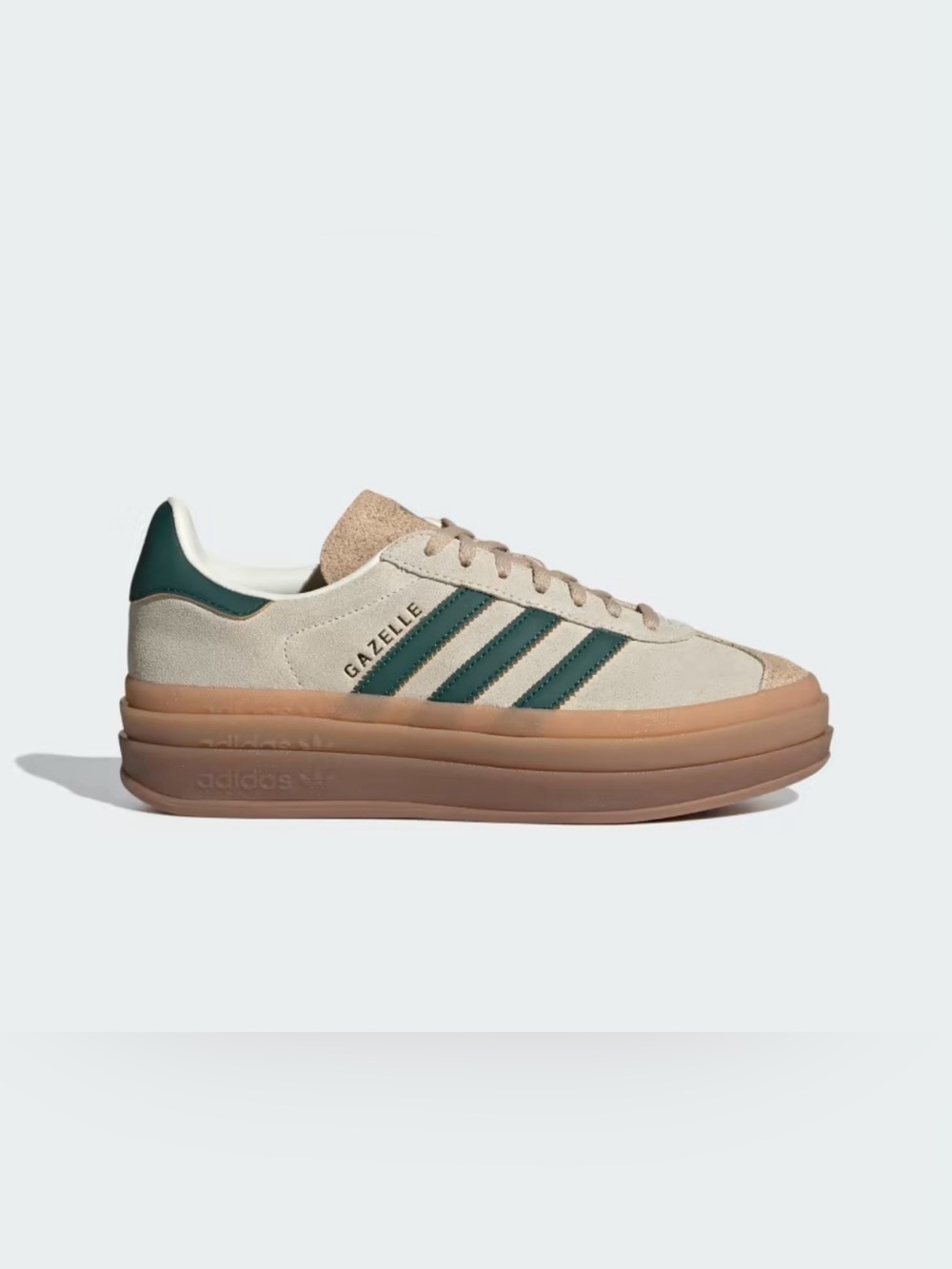 adidas Gazelle bold Suede Sneakers in Beige with Green Stripes and Gum Sole